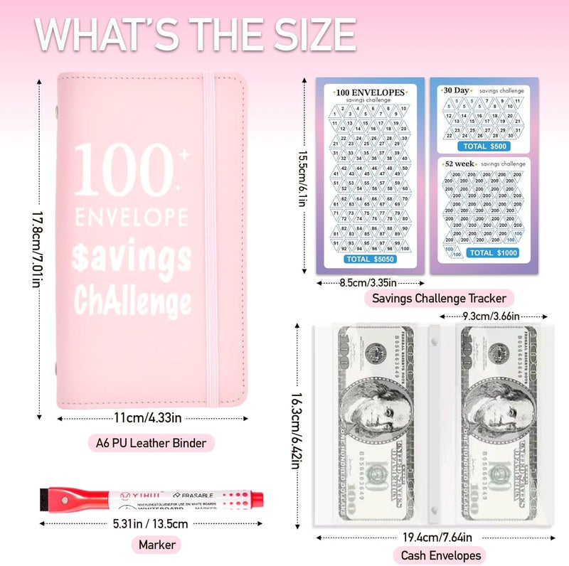 gusutide 100 Envelope Savings Challenge Binder, Money Saving Binder with Cash Envelopes, from 30 Days to 52 Weeks, to Save $500,$5,050 and $10,000, back to school supplies,gift for children (light pink-A6) - Image 2